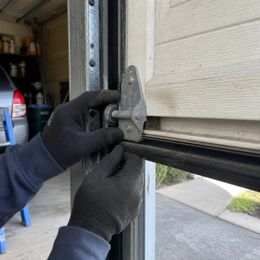Technician performing emergency garage door hinge and roller repair