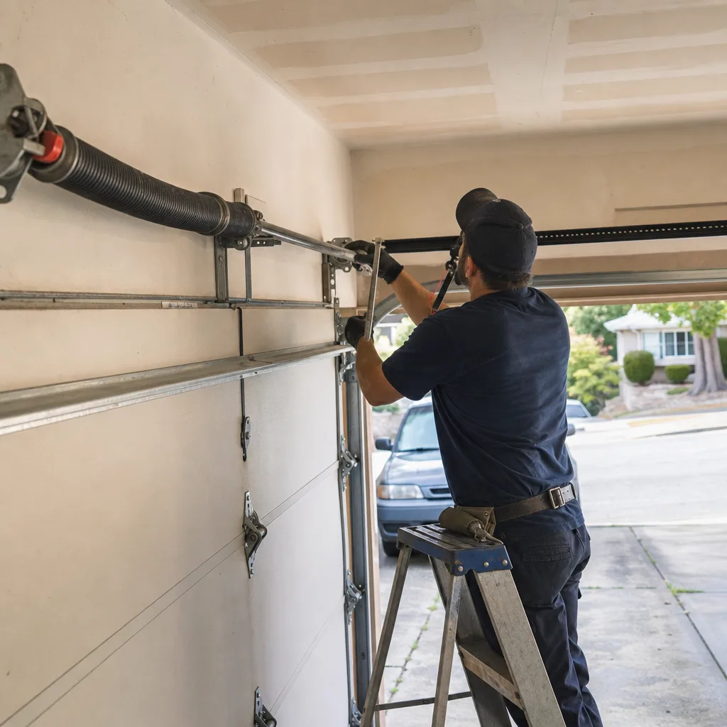 Technician performing professional garage door spring repair and maintenance