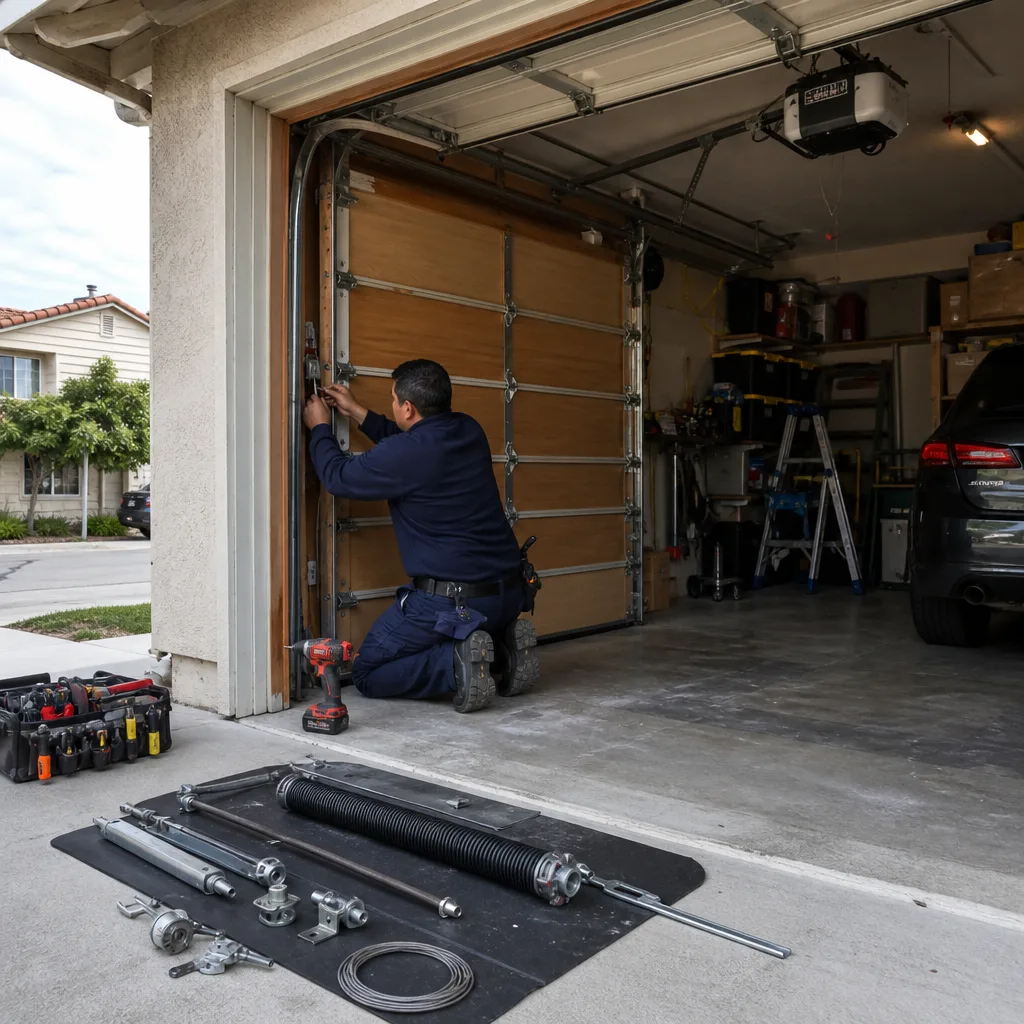 Technician repairing garage door with organized parts on floor